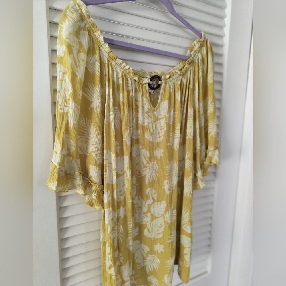 Naif Anthropologie Ruffle Sleeve Boho Peasant Blouse Yellow White Leaf Print 3X